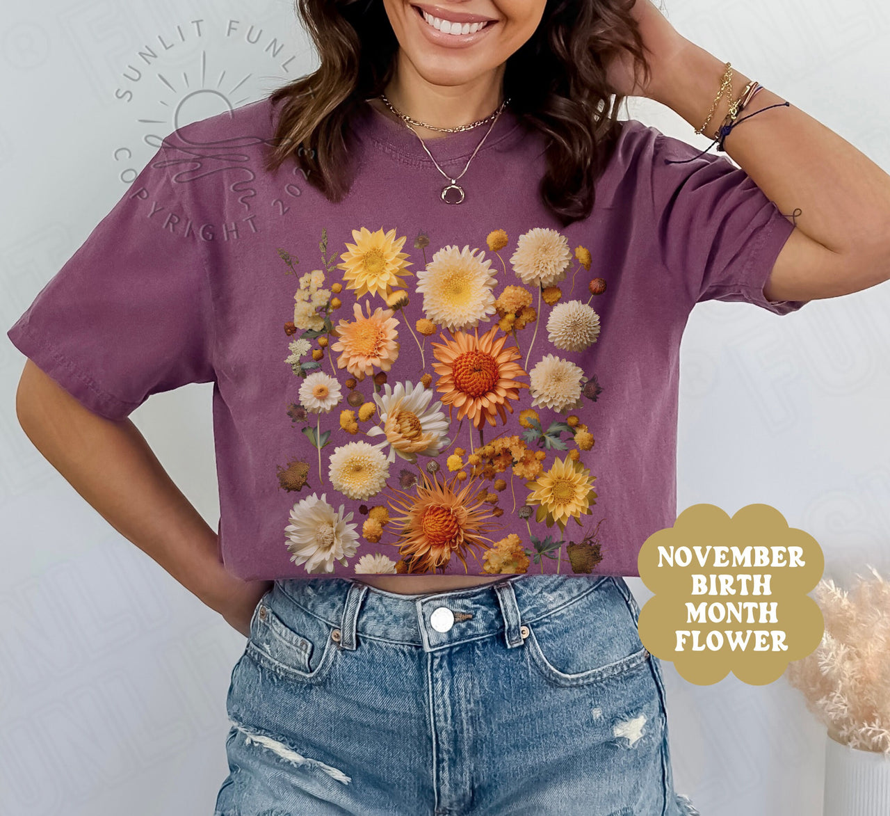 November Birth Flower Shirt, BirthMonth Flower Gifts November, Comfort Colors Pressed Flower Tshirt, Chrysanthemum Flower of the Month Tee - SunlitFunlit