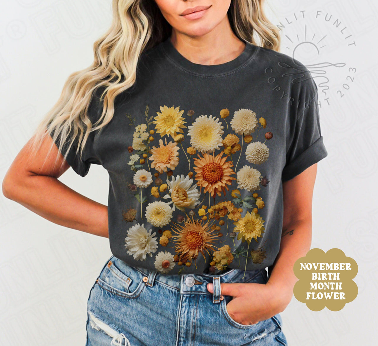 November Birth Flower Shirt, BirthMonth Flower Gifts November, Comfort Colors Pressed Flower Tshirt, Chrysanthemum Flower of the Month Tee - SunlitFunlit