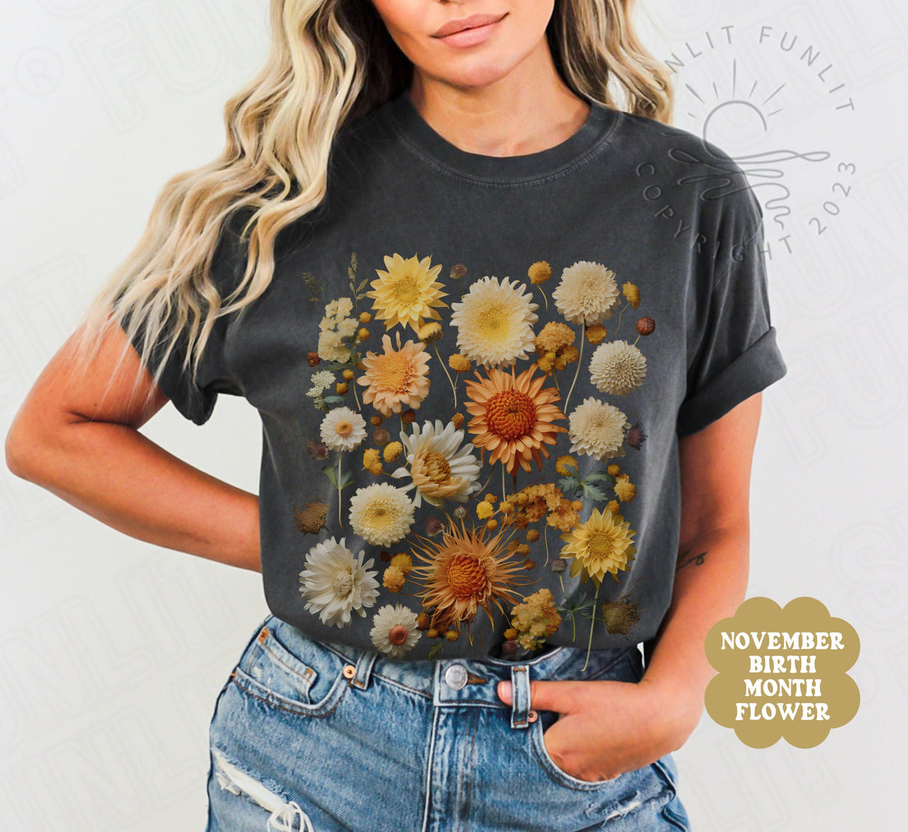 Pressed Flower Shirt, Comfort Colors Wildflowers Tshirt, Fall Nature Lover Gift, Chrysanthemum Cottagecore Clothes, Granola Girl Aesthetic - SunlitFunlit