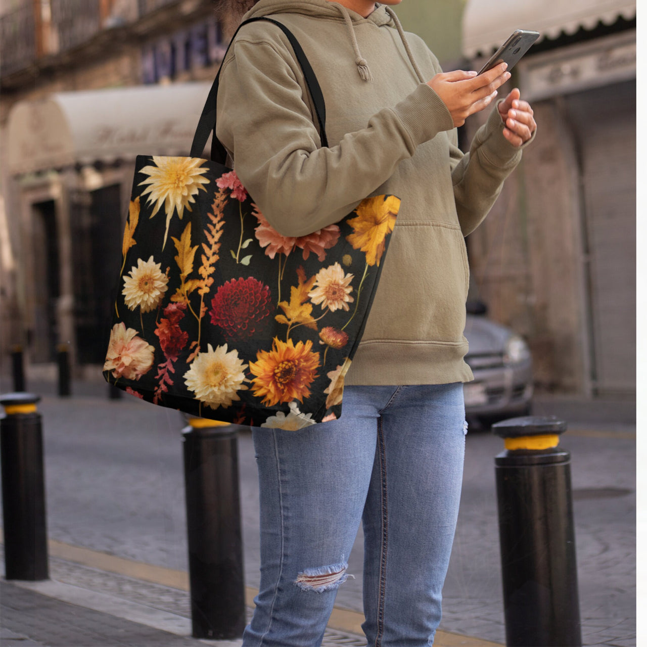 Birth Flower Tote Bag, November Birth Month Flower Gift, Girly Fall Pressed Flowers Totebag Aesthetics, Floral Cottage Core Chrysanthemums - SunlitFunlit