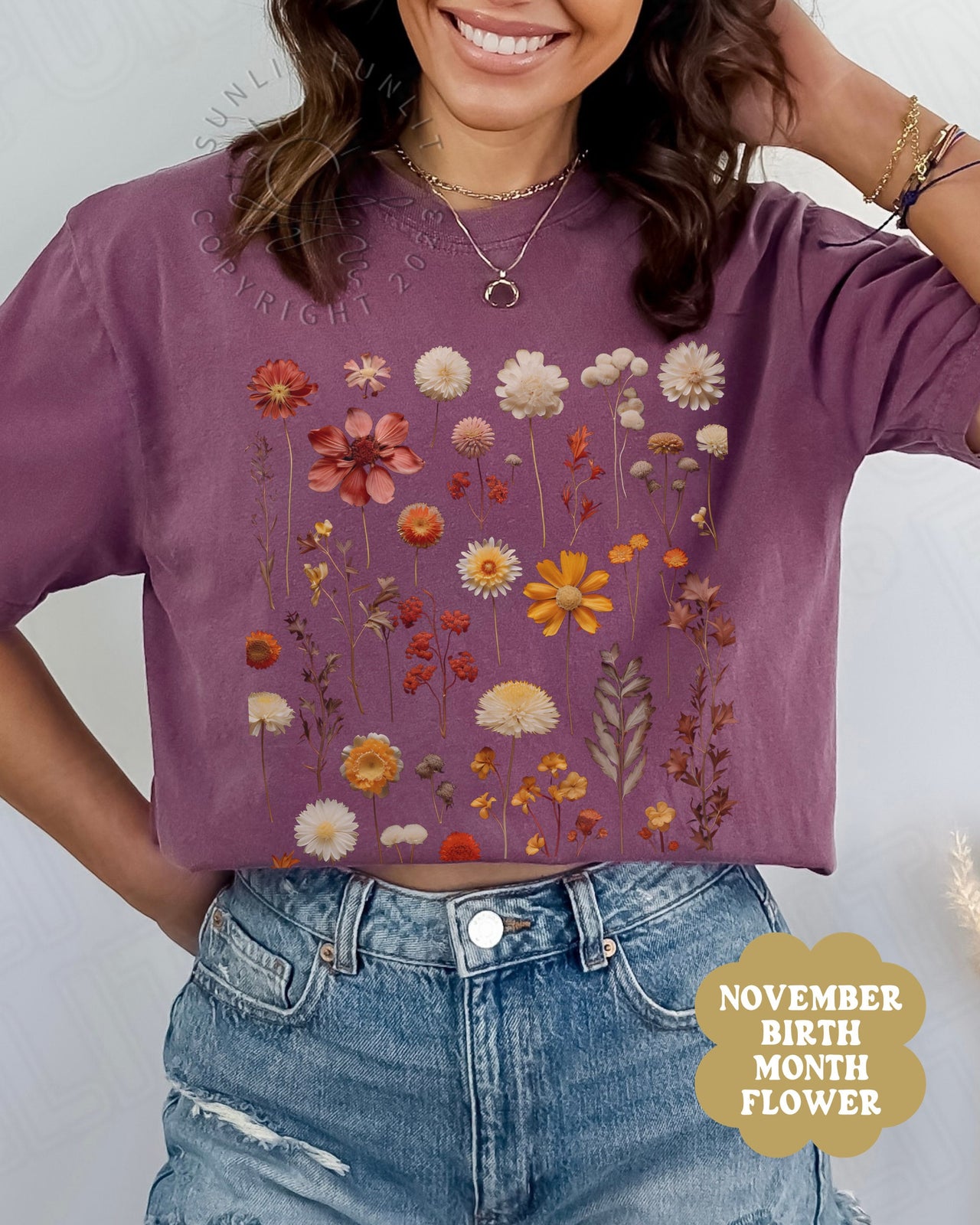 November Birth Flower Shirt, BirthMonth Flower Gifts November, Comfort Colors Pressed Flower Tshirt, Chrysanthemum Flower of the Month Tee - SunlitFunlit