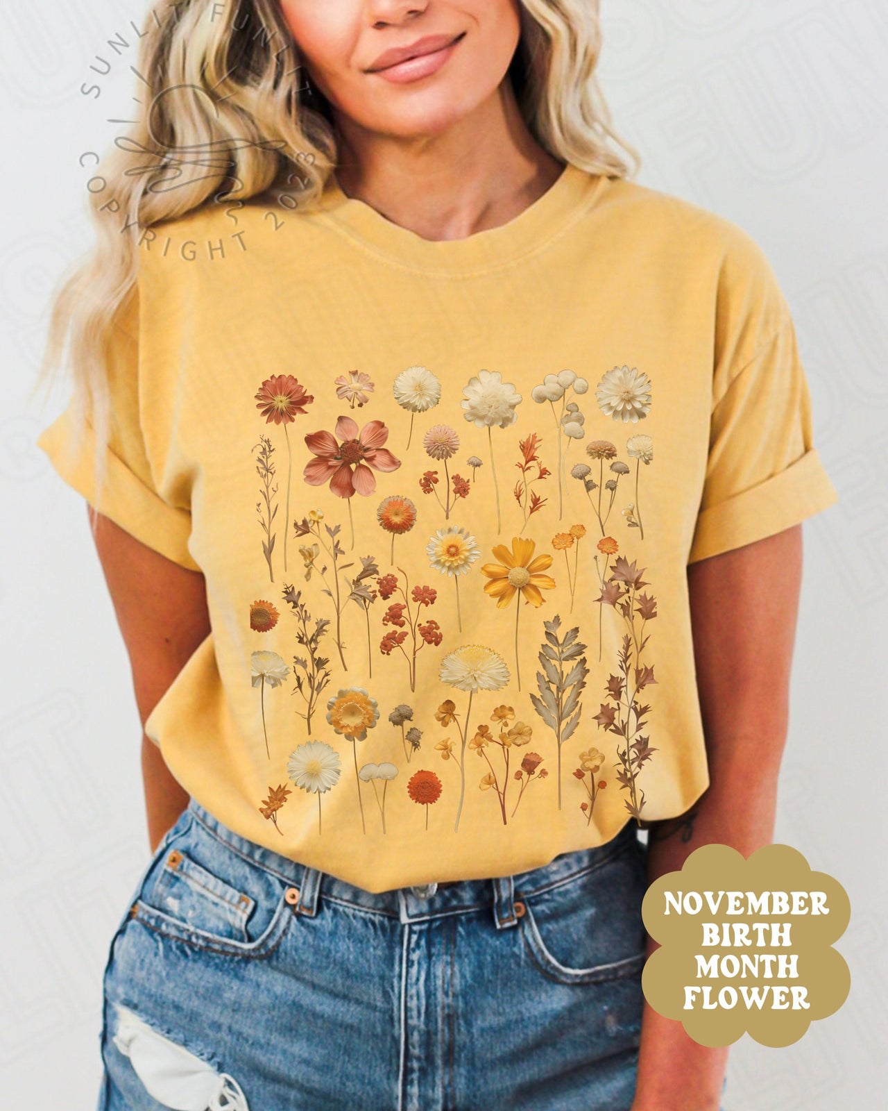 November Birth Flower Shirt, BirthMonth Flower Gifts November, Comfort Colors Pressed Flower Tshirt, Chrysanthemum Flower of the Month Tee - SunlitFunlit