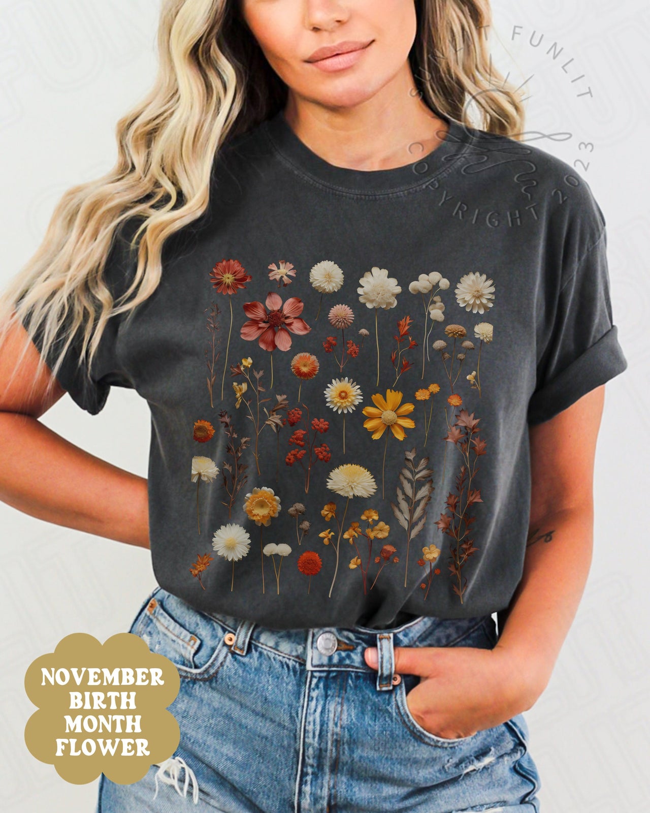 November Birth Flower Shirt, BirthMonth Flower Gifts November, Comfort Colors Pressed Flower Tshirt, Chrysanthemum Flower of the Month Tee - SunlitFunlit