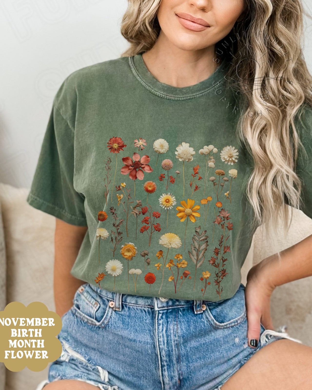 November Birth Flower Shirt, BirthMonth Flower Gifts November, Comfort Colors Pressed Flower Tshirt, Chrysanthemum Flower of the Month Tee - SunlitFunlit